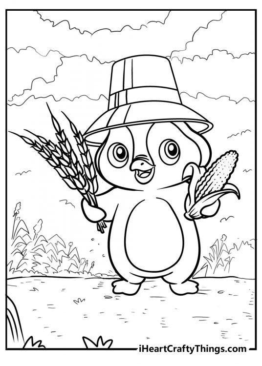Black-and-white printable coloring sheet featuring an adorable penguin picking corn in a field