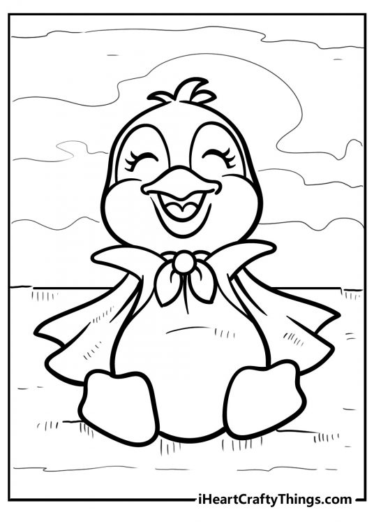 Coloring page for pre-schoolers featuring laughing penguin wearing a superhero cape