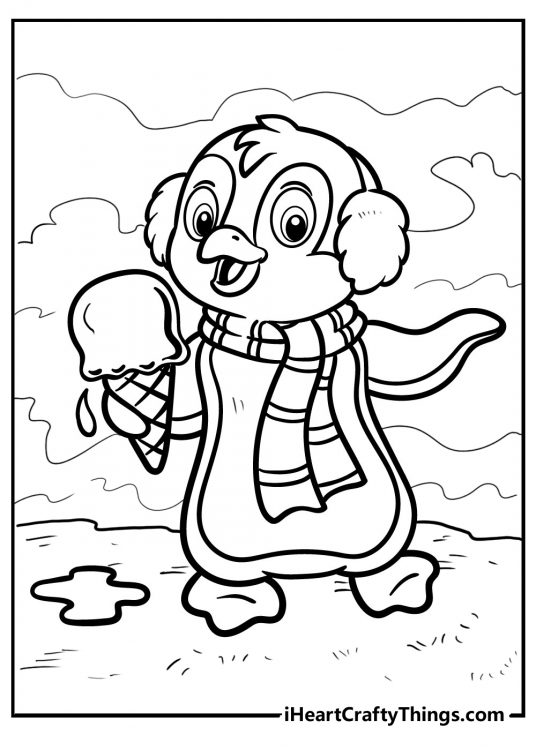 Image of a cute penguin enjoying an ice cream while bundled up in a scarf and some earmuffs