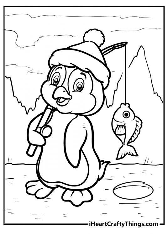 Detailed printable page presenting proud penguin posing with a fish he just caught