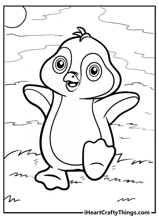 Coloring sheet presenting penguin running through a field on a beautiful day outside
