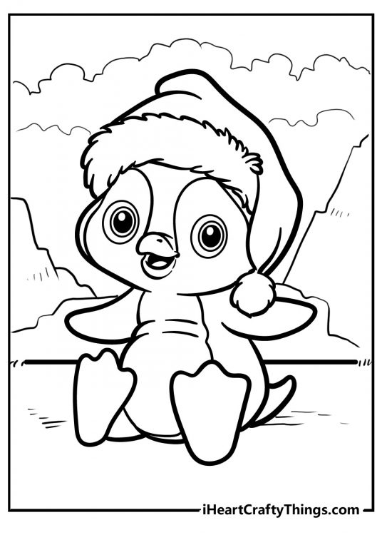 Printable coloring picture presenting adorable penguin dressed in a big Santa hat