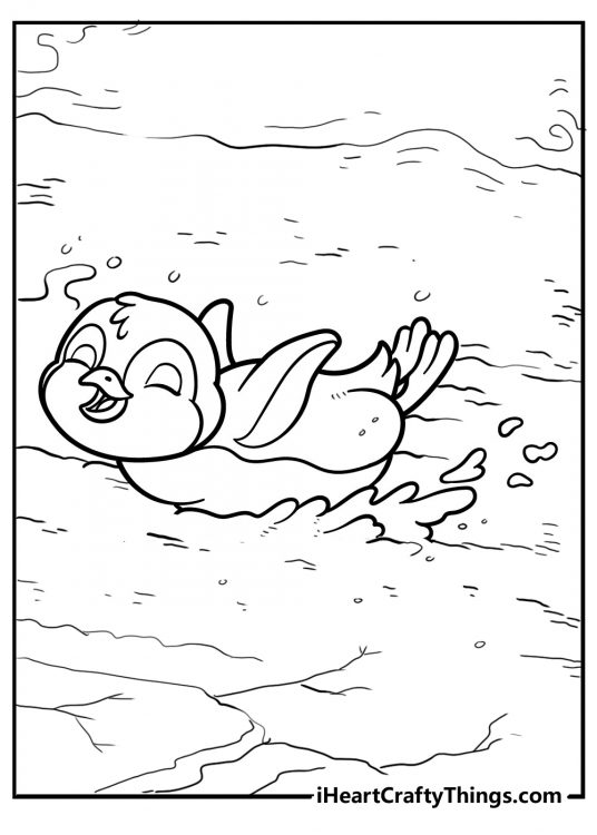 Coloriong page for children capturing little happy penguin doing some belly sledding!
