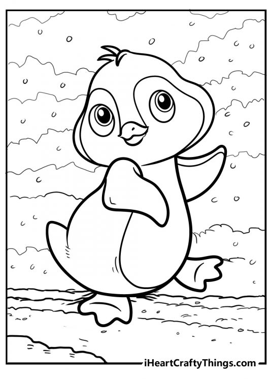 Detailed coloring sheet presenting cute cartoony penguin having a peaceful walk outside on a snowy day