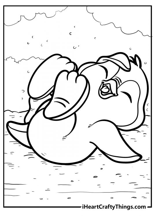 Picture for pre-schoolers of an adorable little penguin laying on its back and laughing