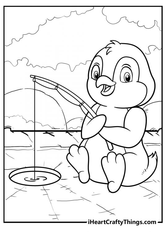Detailed coloring page presenting penguin having fishing with sunset setting in the background