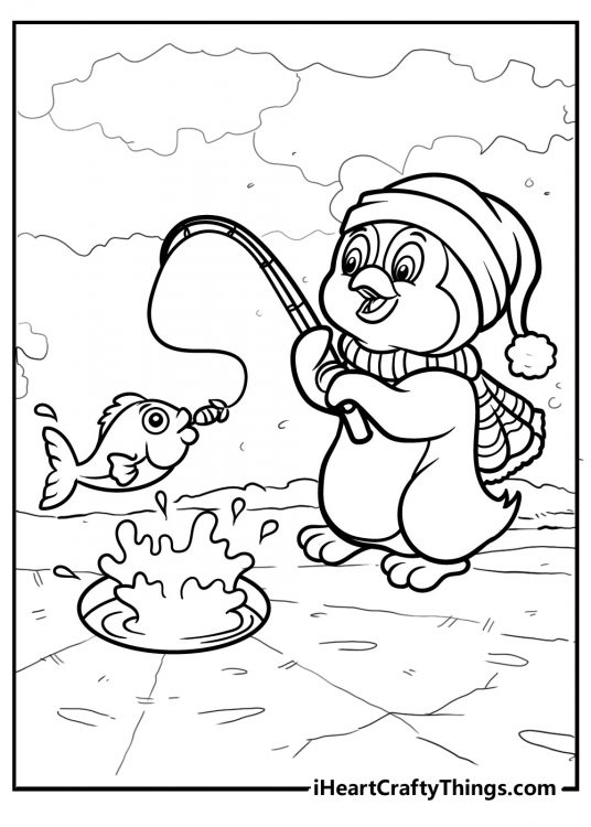Coloring picture capturing a moment when happy penguin caught a big fish while fishing