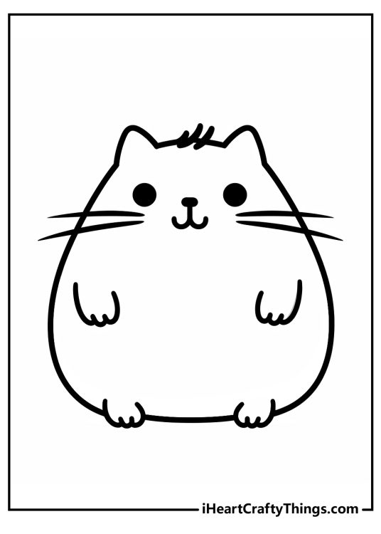 Free printable pdf to color presenting chubby kitty Pusheen looking happy and energetic