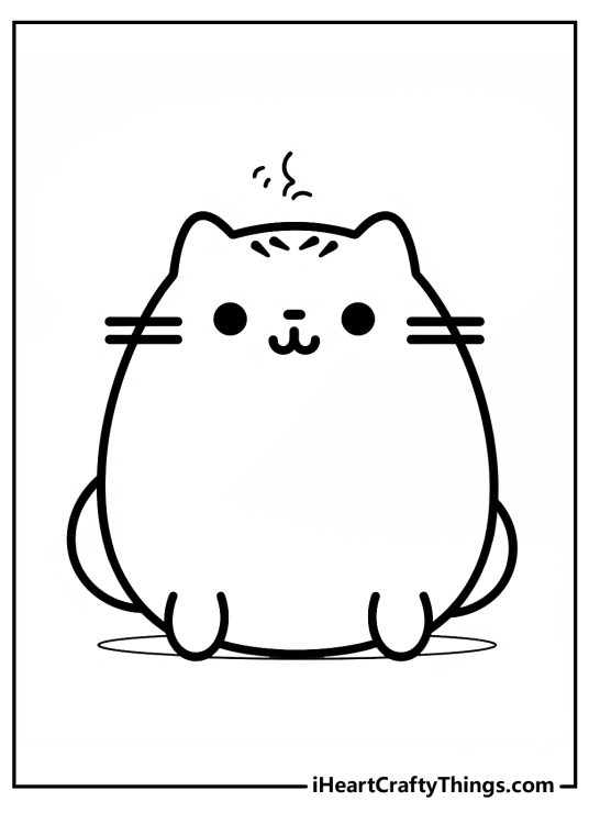 Printable coloring picture for kids with cute kitty Pusheen featured on some spotlight