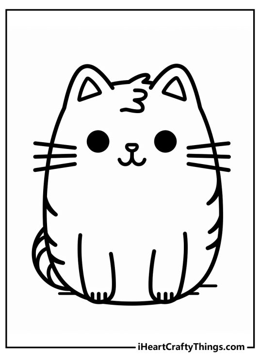 Coloring page of a Pusheen featured with so much happiness in her wide eyes and big smile