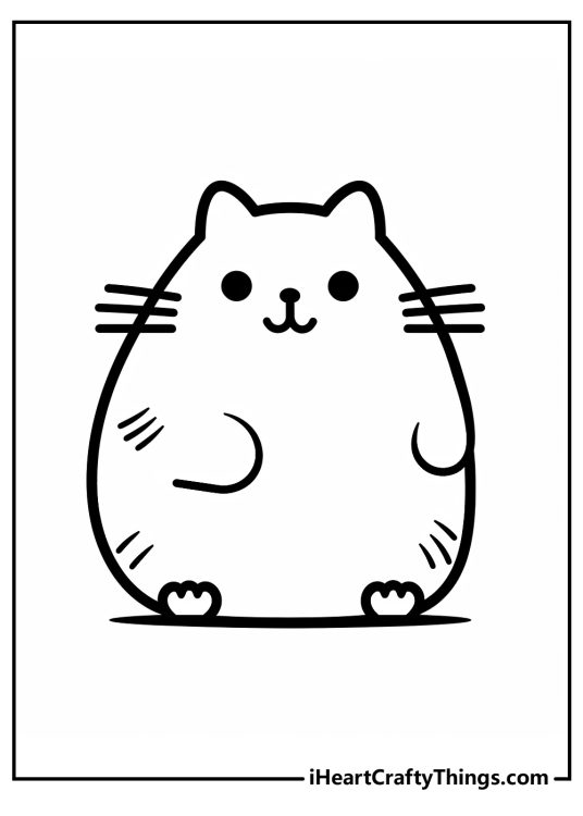 Coloring printable page of a Pusheen looking cozy and satisfied with a little smile on her face