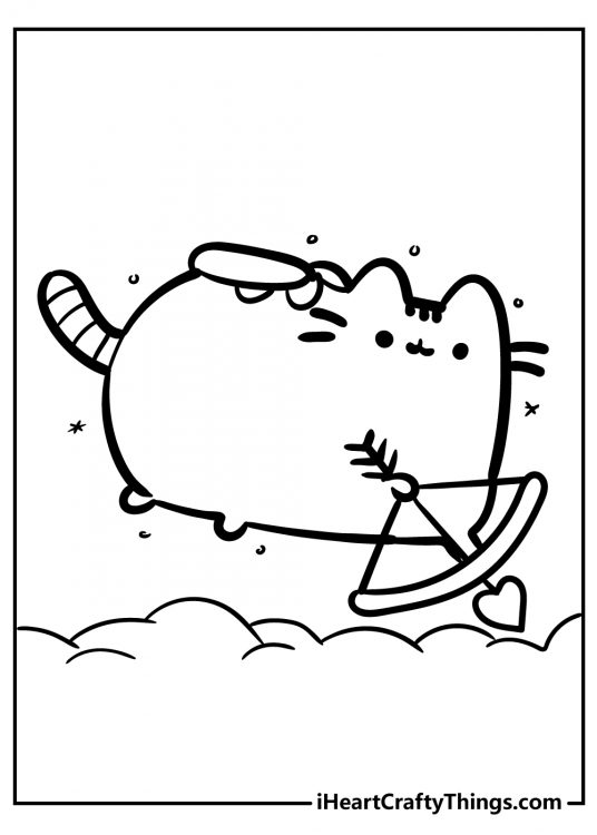 Printable coloring sheet featuring Pusheen playing Cupid and flying over fluffy clouds