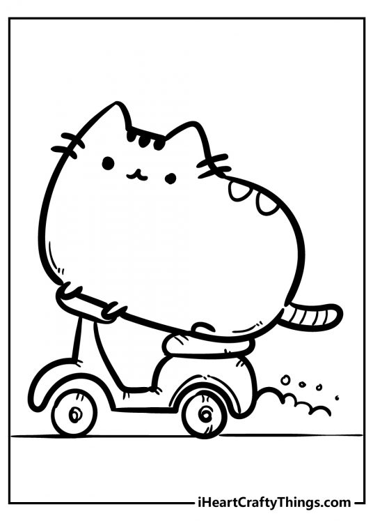 Pusheen-themed coloring printablefor kids featuring excited Pusheen riding a scooter
