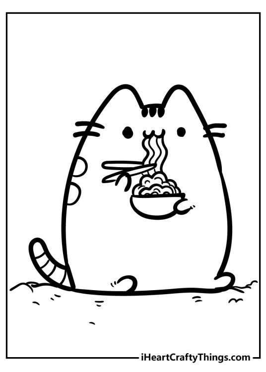 Free picture to print and color presenting Pusheen sucking up some tasty noodles