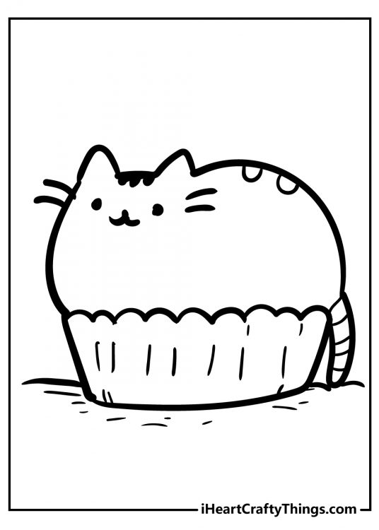 Free coloring printable featuring chubby Pusheen in a bed which looks a bit too small for her