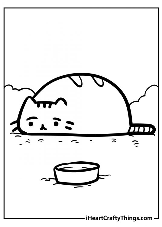 Coloring page of a snack loving Pusheen having a lie down after eating possibly too much food