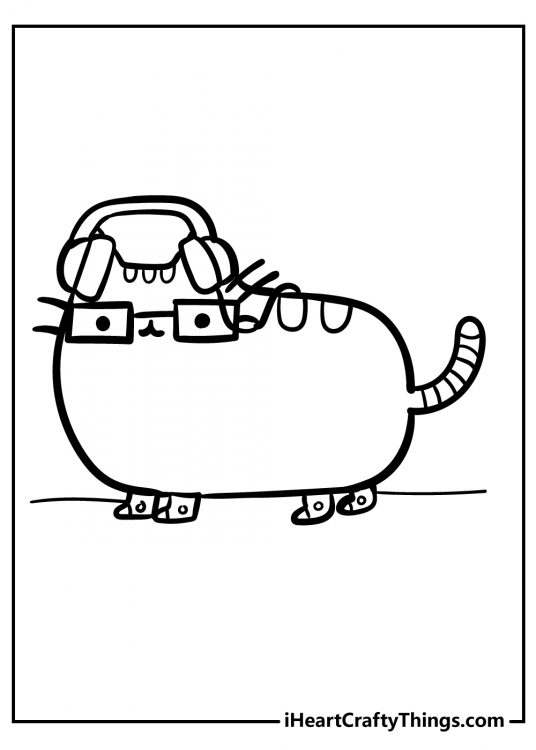 Printable coloring sheet for kids featuring Pusheen wearing headphones and glasses