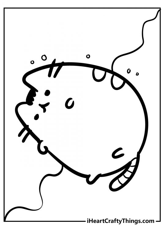 Pusheen coloring sheet featuring Pusheen looking like a snowball rolling down a hill