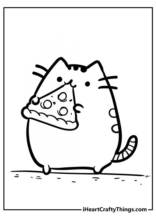Free black-and-white drawing presenting Pusheen enjoying a delicious slice of pizza