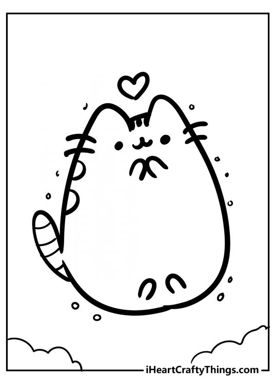 Pusheen coloring poster featuring her floating in the air with loving feelings and little heart above the head