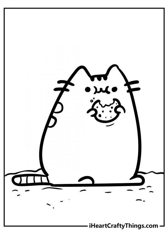 Pusheen-themed coloring page for kids featuring her munching on a tasty cookie