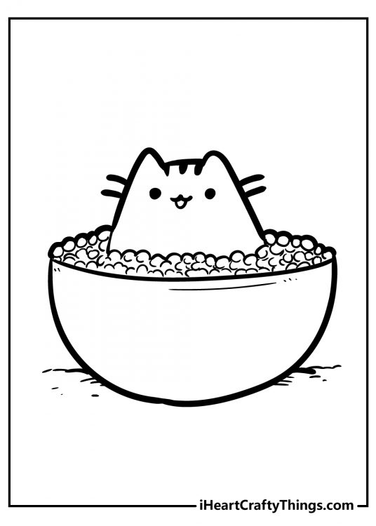 Printable coloring sheet featuring happy Pusheen submerged in a bowl full of popcorn
