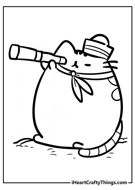 Printable picture to color featuring Pusheen dressed as a sailor looking through the telescope