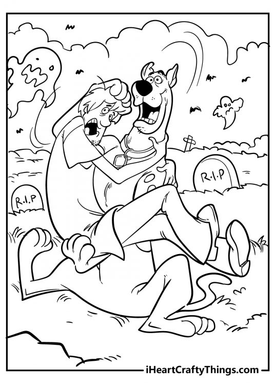 Scooby Doo-themed picture featuring Scooby and Shaggy looking scared while at the graveyard