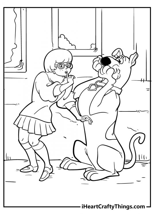 Coloring picture for kids featuring Scooby Doo joined by Velma while solving crime