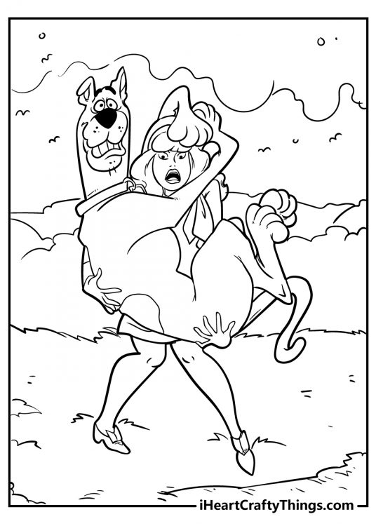 Printable coloring page featuring scared-looking characters Scooby Doo and Daphne