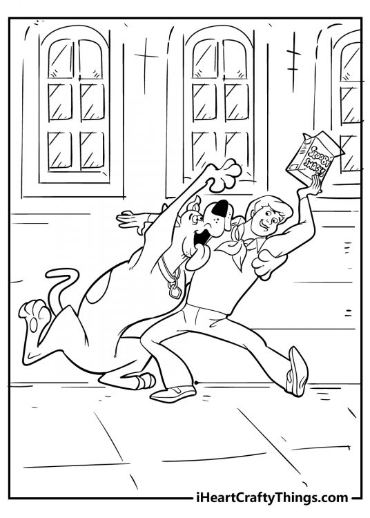 Coloring pdf featuring Scooby Doo trying to get at the Scooby snacks box held by Fred