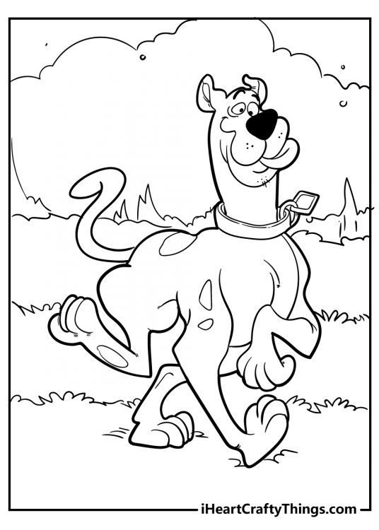 Coloring sheet capturing happy-looking dog Scooby Doo taking a nice stroll outside