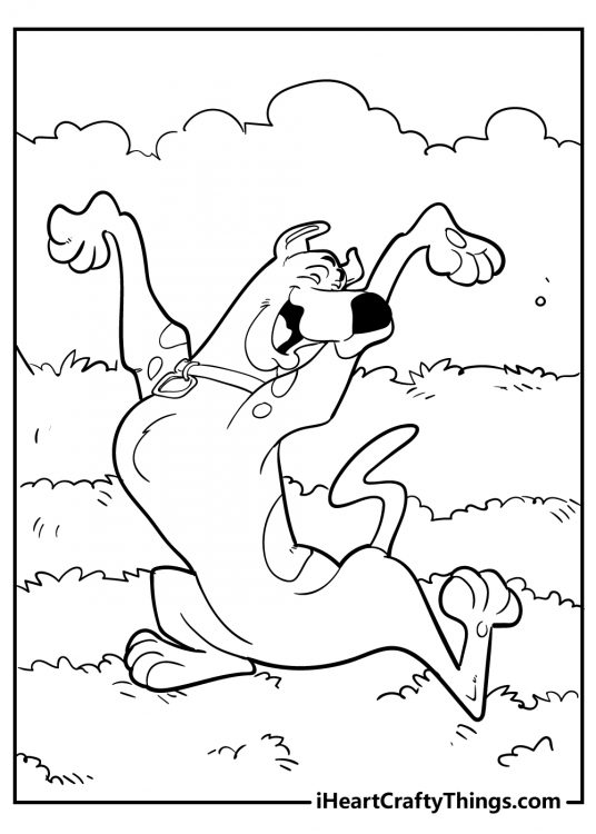 Coloring page featuring happy and cheerful Scooby Doo showing off his excitiment in front of some bushes