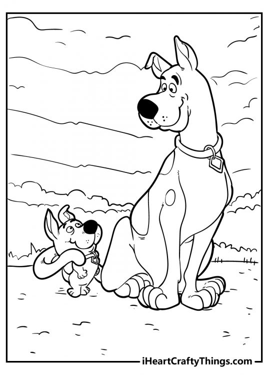 Coloring image of a Scooby Doo and his little cousin Scrappy Doo hanging out outside