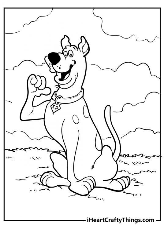 Coloring printable showing Scooby Doo sitting outside and looking very proud of himself