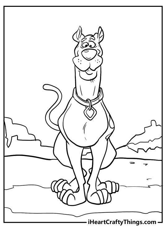 Illustration featuring Scooby Doo standing completely still with his ears perked straight up and his tail raised high