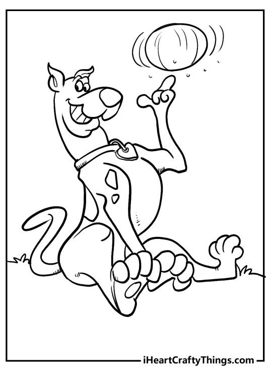 Coloring printable for children presenting cheerful dog Scooby Doo playing with a ball