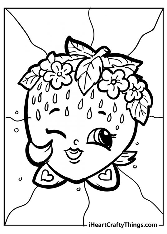Detailed printable coloring page featuring Shopkins character Strawberry Kiss giving a wink