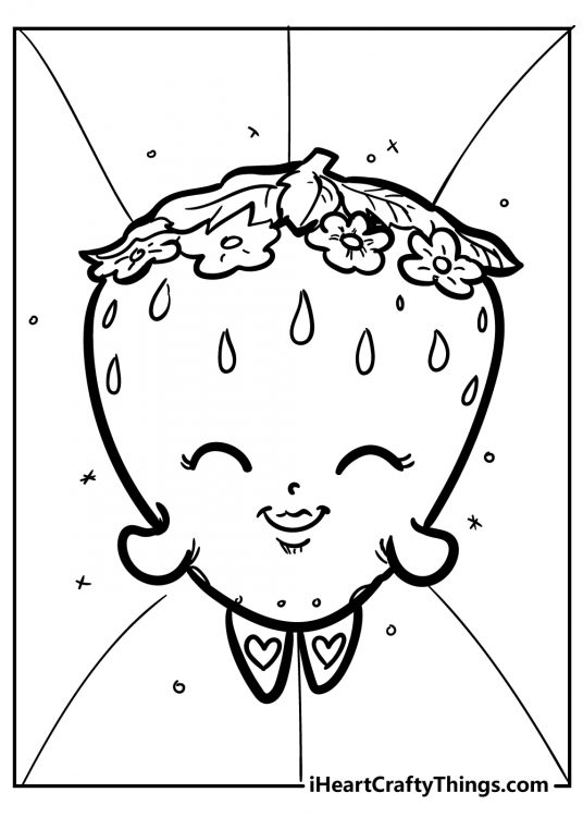 Shopkins coloring printable featuring smiling character Strawberry Kiss with the background divided into segments