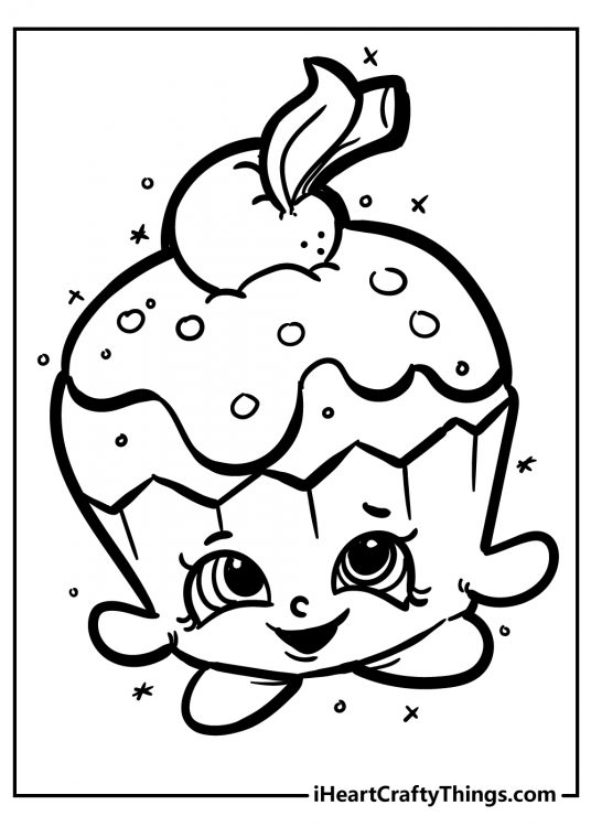 Printable drawing for children of a cupcake-themed Shopkins character with a cherry on top