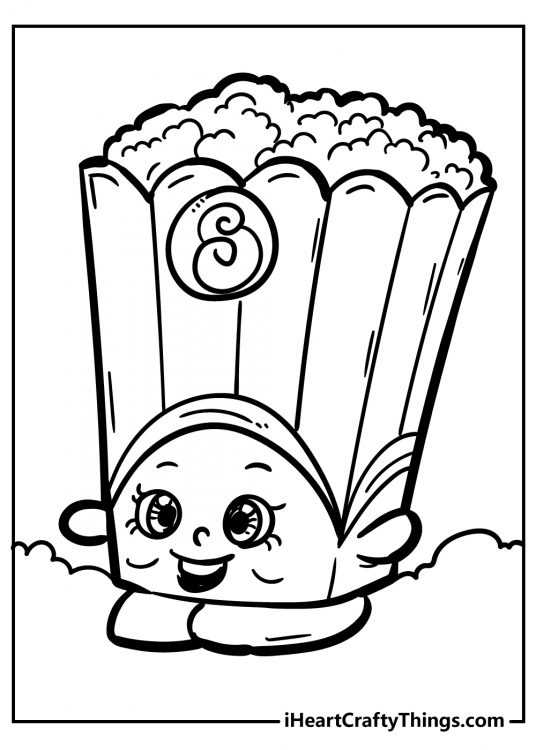 Shopkins coloring pdf for children presenting popcorn-themed character Poppy Corn