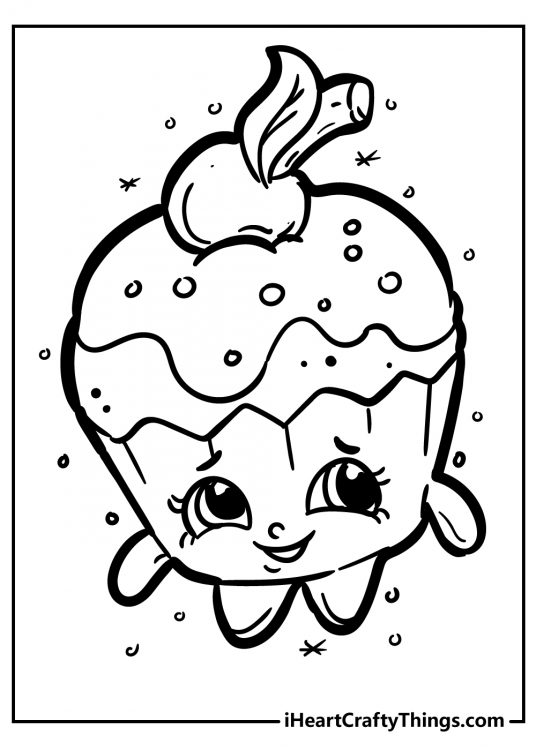 Shopkins printable coloring sheet presenting adorable cupcake with smiling face and sparkles all around it