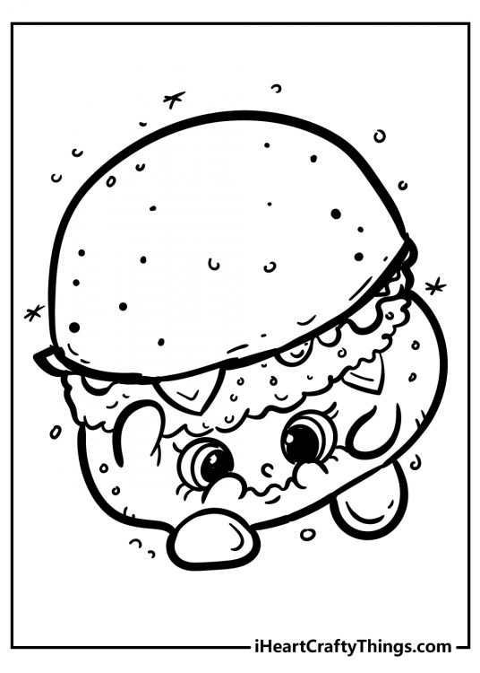 Free Shopkins coloring picture for pre-schoolers featuring burger-themed character Cheesy B