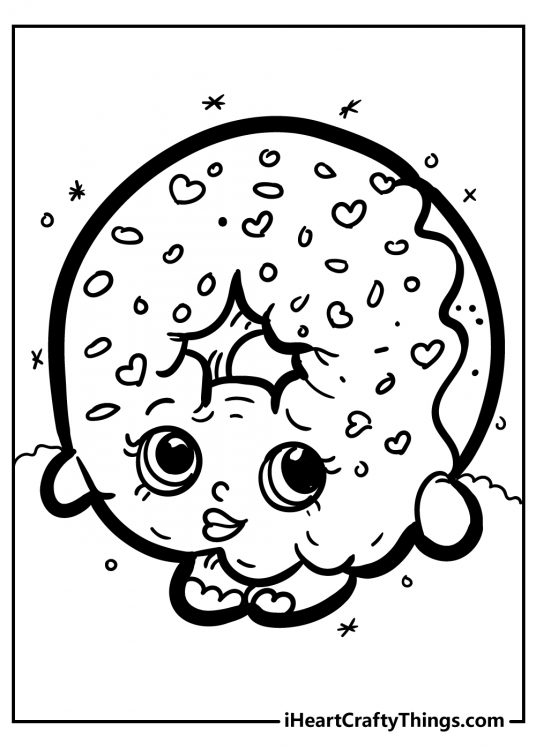 Shopkins-themed coloring image of a delicious donut Dlish Donut with an icing and sprinkles