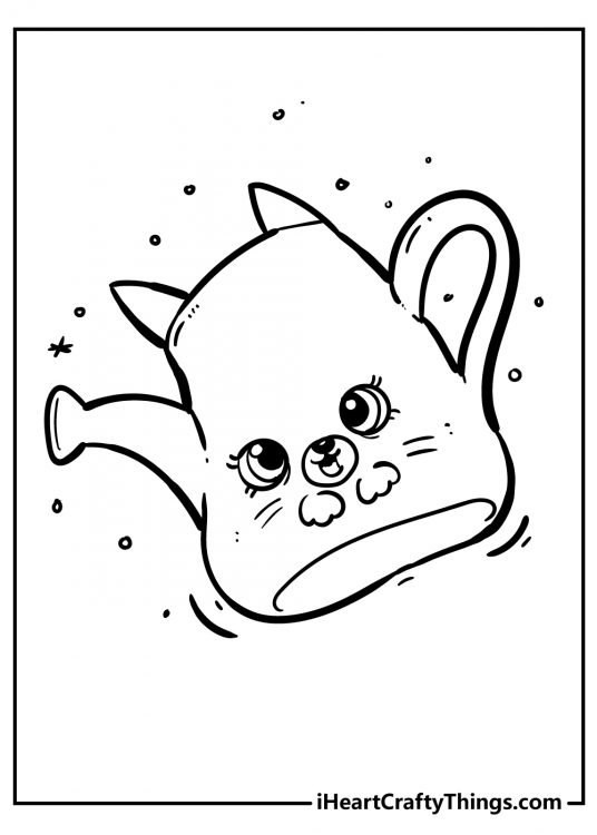 Shopkins coloring sheet for pre-schoolers depicting kitten-themed watering can surrounded by water drops