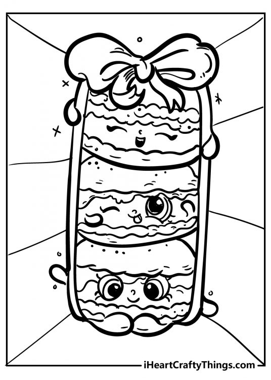 Shopkins printable for children featuring three stacked macarons with smiling faces tied with a ribbon