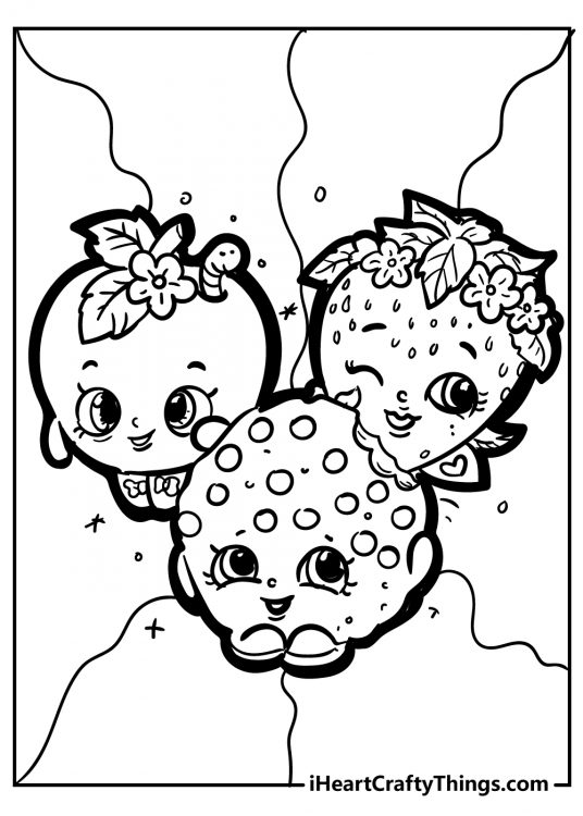Shopkins coloring printable depicting a tasty trio of an apple a strawberry and a cookie