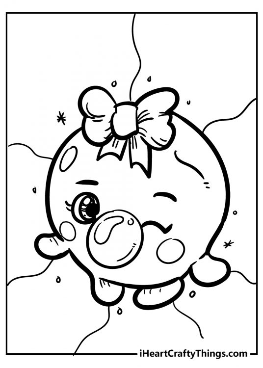 Black-and-white drawing for children depicting bubblegum-themed Shopkins with a pretty bow