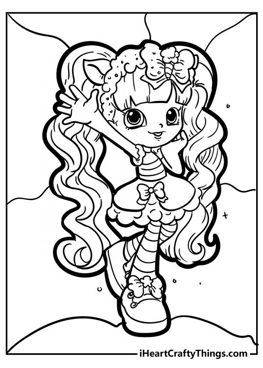 Shopkins-themed coloring drawing of a Shoppie character Candy Sweets waving to us