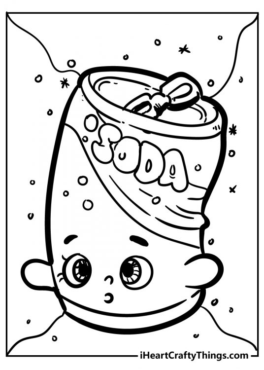 Shopkins coloring sheet for kids depicting character Soda Pops with sparkles and bubbles all around